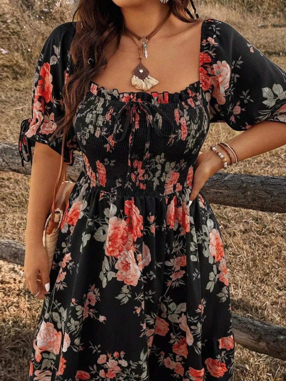 Black Boho Women's short Sleeve floral A-Line Maxi Dress - Picture 3 of 7